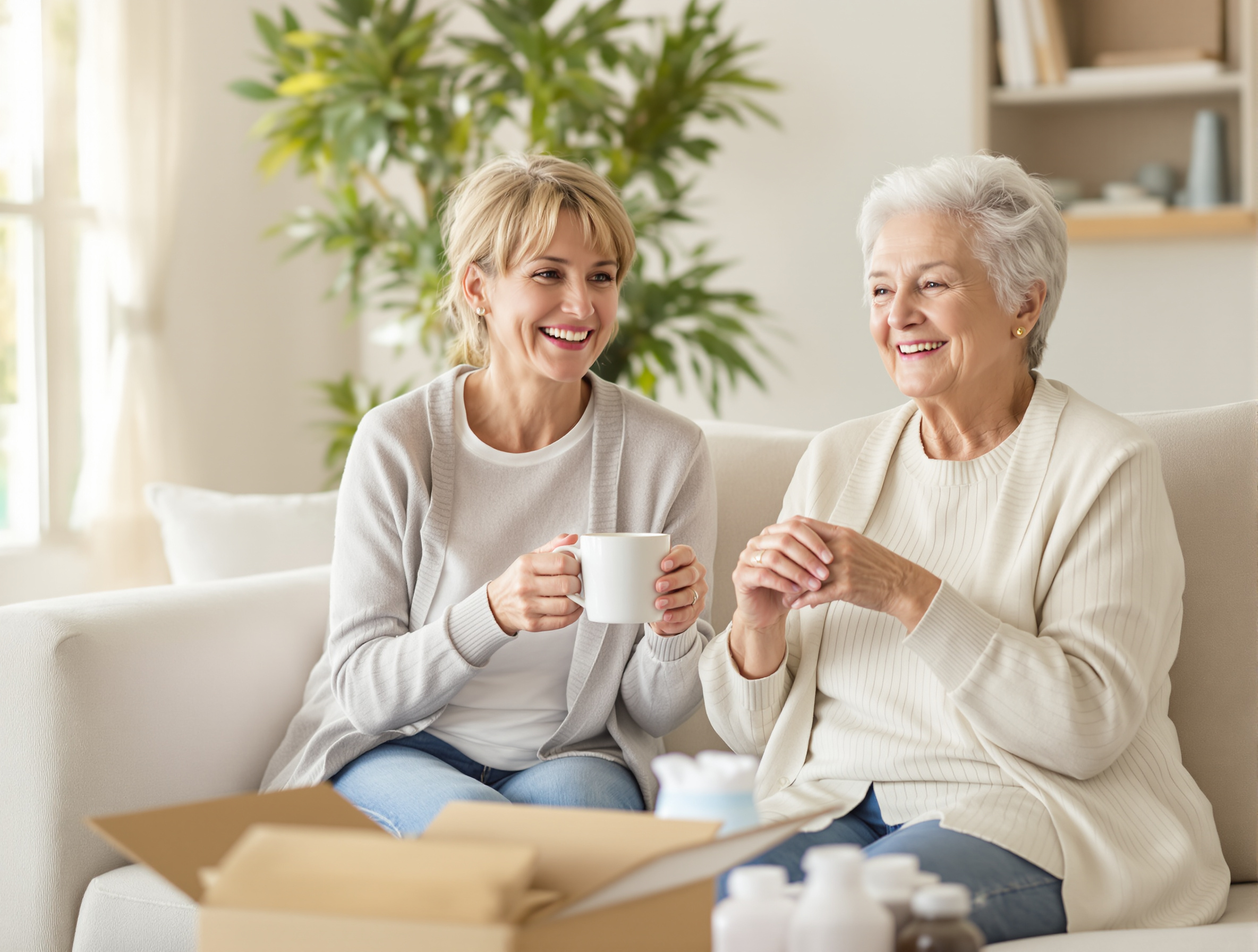 Angehörige mit älterer Dame und Pflegebox im Wohnzimmer